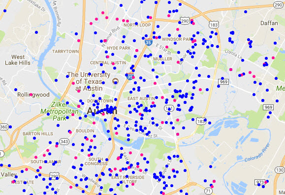 Google scatter map of dogs and cats in Austin